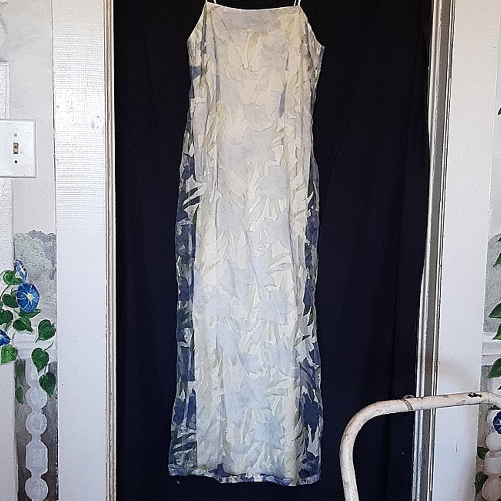 Vintage 60's layered blue iris pattern over white dress size6 by J Mica